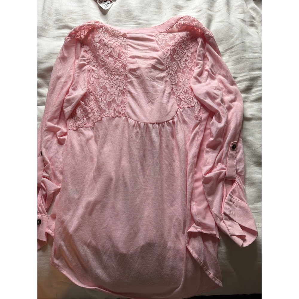 Candies Womens Pink Lace Back Roll Tab Sleeve High Low Button Front Blouse Large - Picture 3 of 5